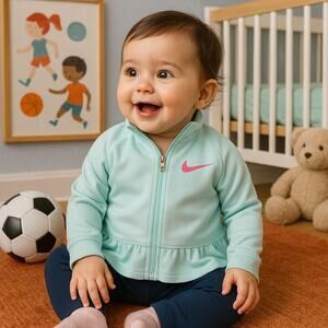 Nike Baby Girls Track Jacket 6M Aqua Blue Ruffle Hem Zip-Up Logo